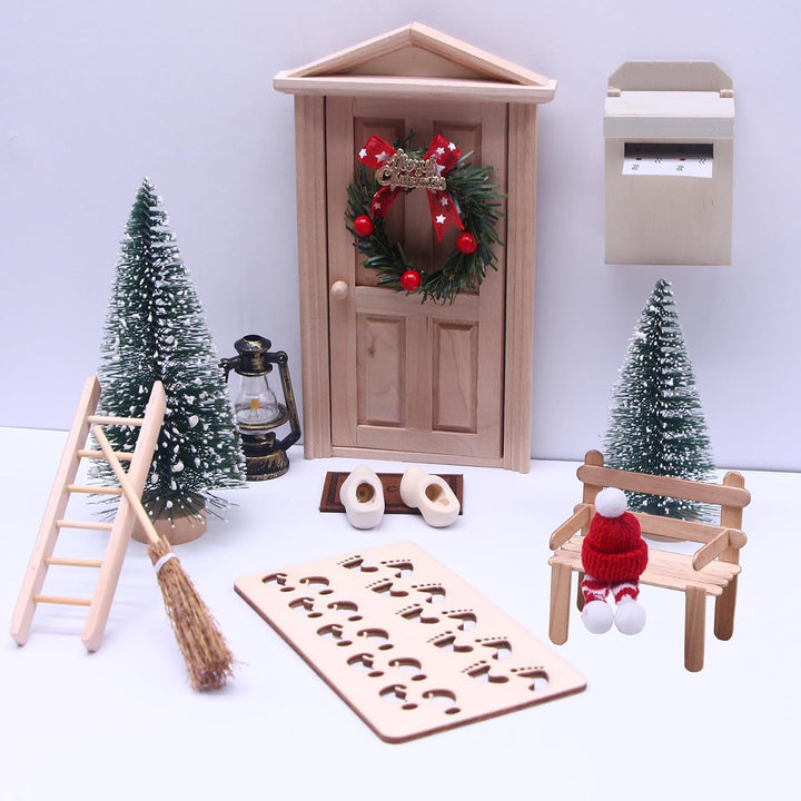 Nabeta Deco Wichteltür Zubehör Wichteltür Set Weihnachtsbaum Dekokranz Holzleiter Teppich Bank Hüte