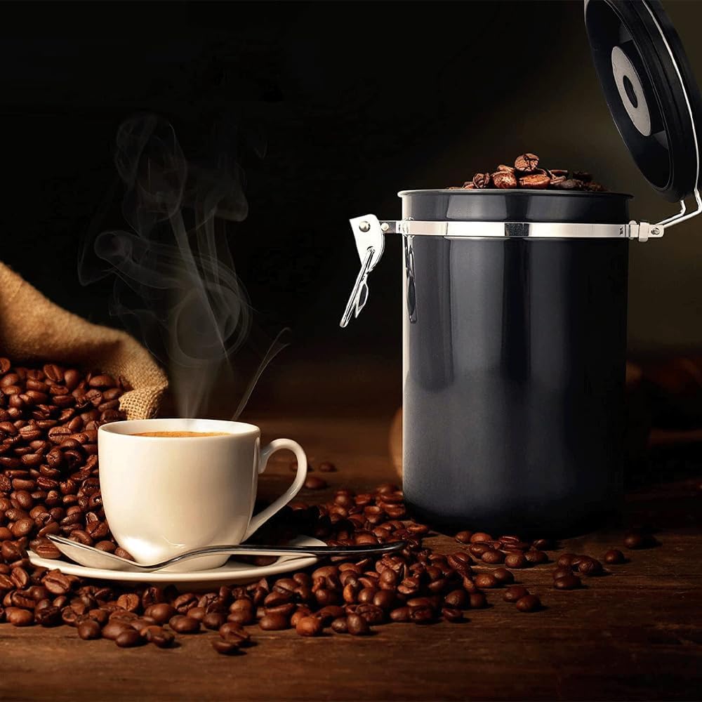 Luftdichter Kaffeebehälter aus Edelstahl, 1,8L, mit Auslassventil, Vorratsdose für Kaffeebohnen, Nüs