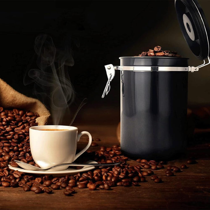 Luftdichter Kaffeebehälter aus Edelstahl, 1,8L, mit Auslassventil, Vorratsdose für Kaffeebohnen, Nüs