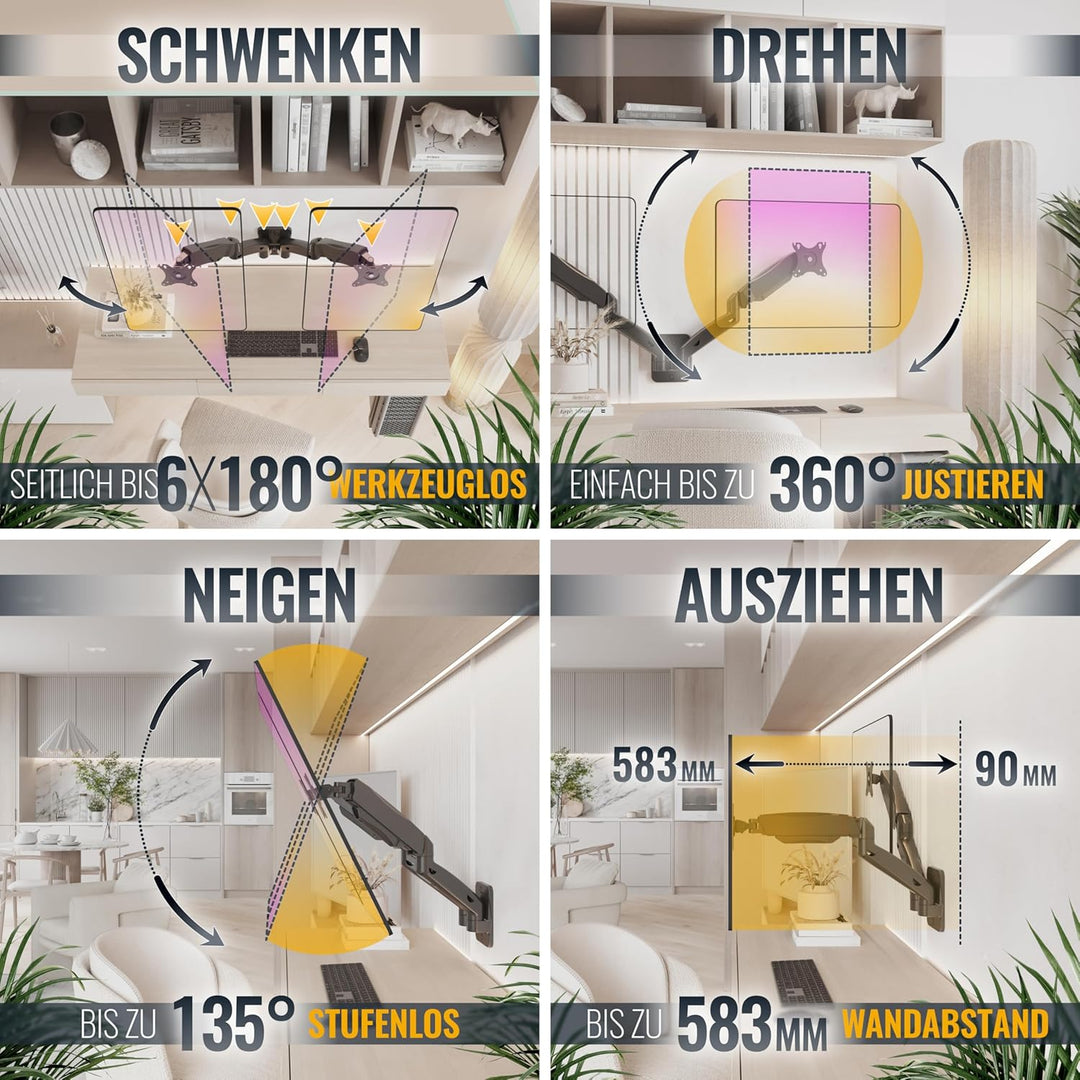 RICOO PC Monitor Wandhalterung 2 Monitore höhenverstellbar Gasfeder Schwenkbar Neigbar Bildschirm 17