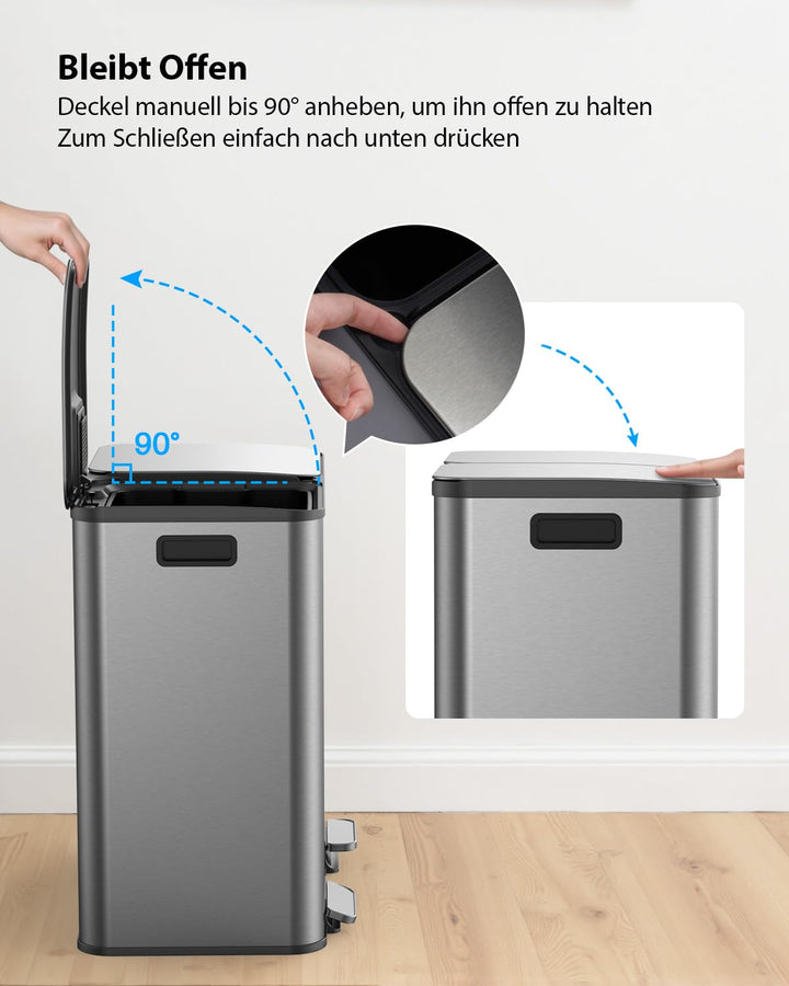 lovewind Mülleimer, 2 x 40L Mülleimer Küche, Doppeleimer für Recycling und Abfall, Silber, Mülleimer