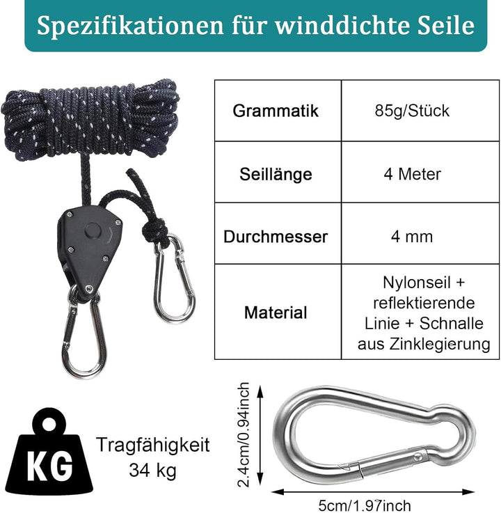 6 Stück Abspannseile mit Seilspanner, 4mm Reflektierend Abspannseile, Einfach zu Bedienen und Langle