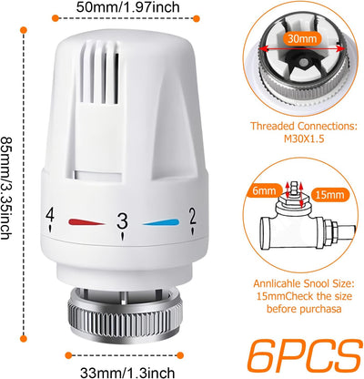 6 Stück Thermostatkopf, Thermostat Heizung, M30 X 1.5 Heizkörperthermostat, Thermostatkopf Heizkörpe