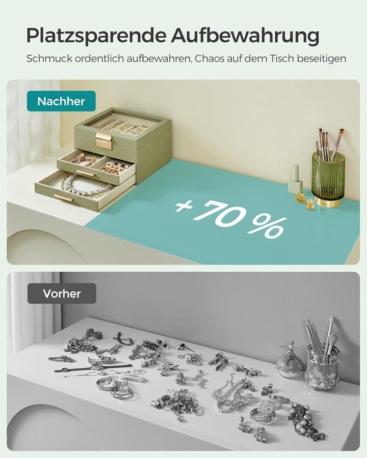 SONGMICS Schmuckkästchen, Schmuckkasten 3 Ebenen, Schmuckbox mit Glasdeckel, 2 Schubladen, Schmuckau