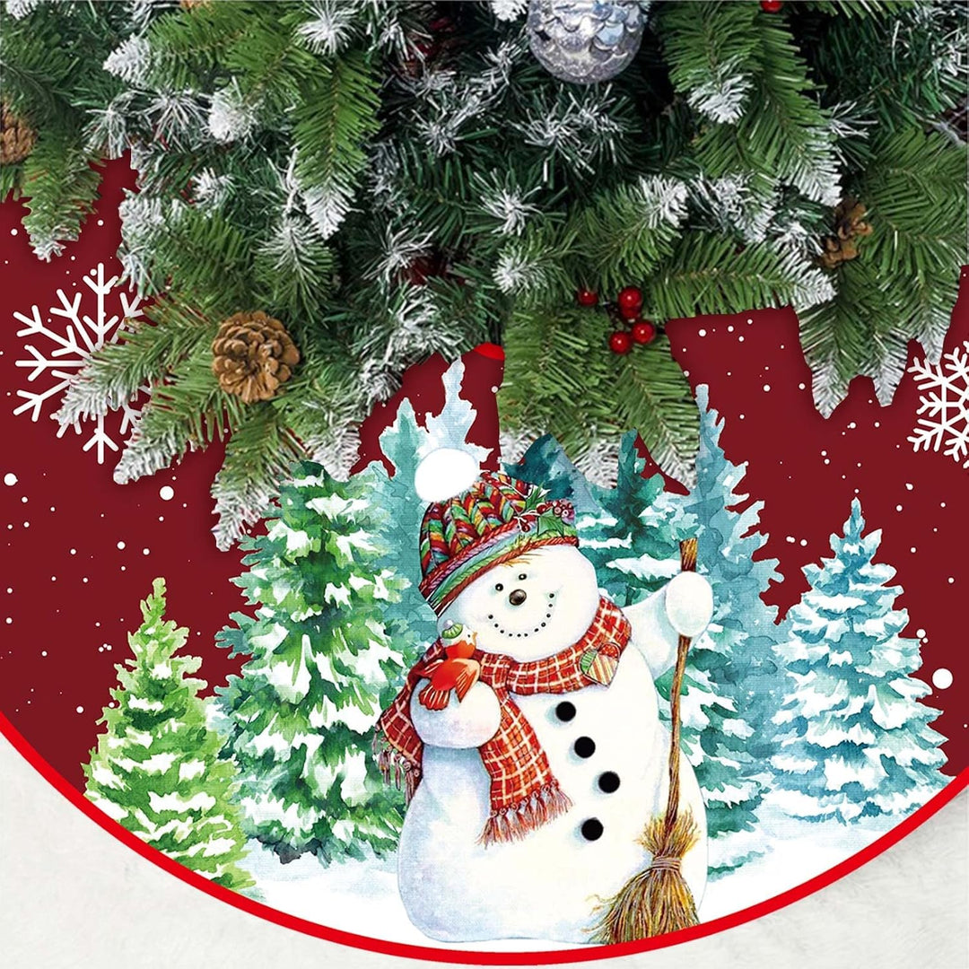 Weihnachtsbaum Decke 120cm, Dunkelrot Weihnachtsbaum Rock mit Schneemann & Schneeflocke, Polyester W