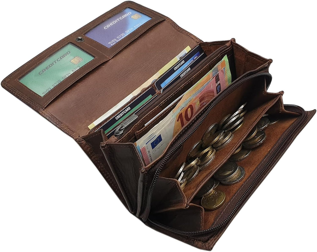 Grosse Rindleder Damen Geldbörse/Geldbeutel/Portemonnaie/Geldtasche mit RFID & NFC Schutz (Mit Schme