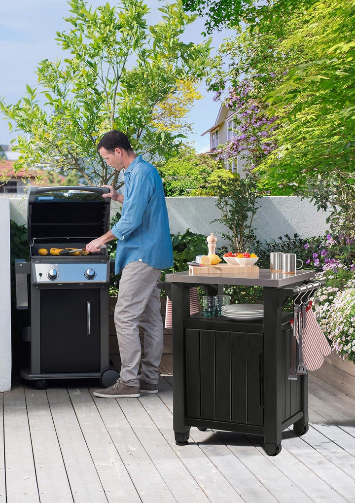 Grilltisch mit Edelstahlserviceplatte, anthrazit, 150 Liter Stauraum - EIN multifunktionale Helfer,