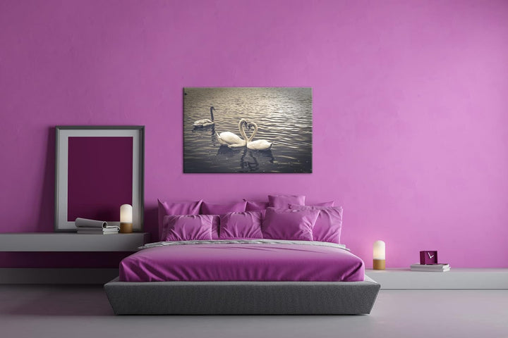 deyoli liebende Schwäne formen ein Herz Format: 100x70 als Leinwand, Motiv fertig gerahmt auf Echtho