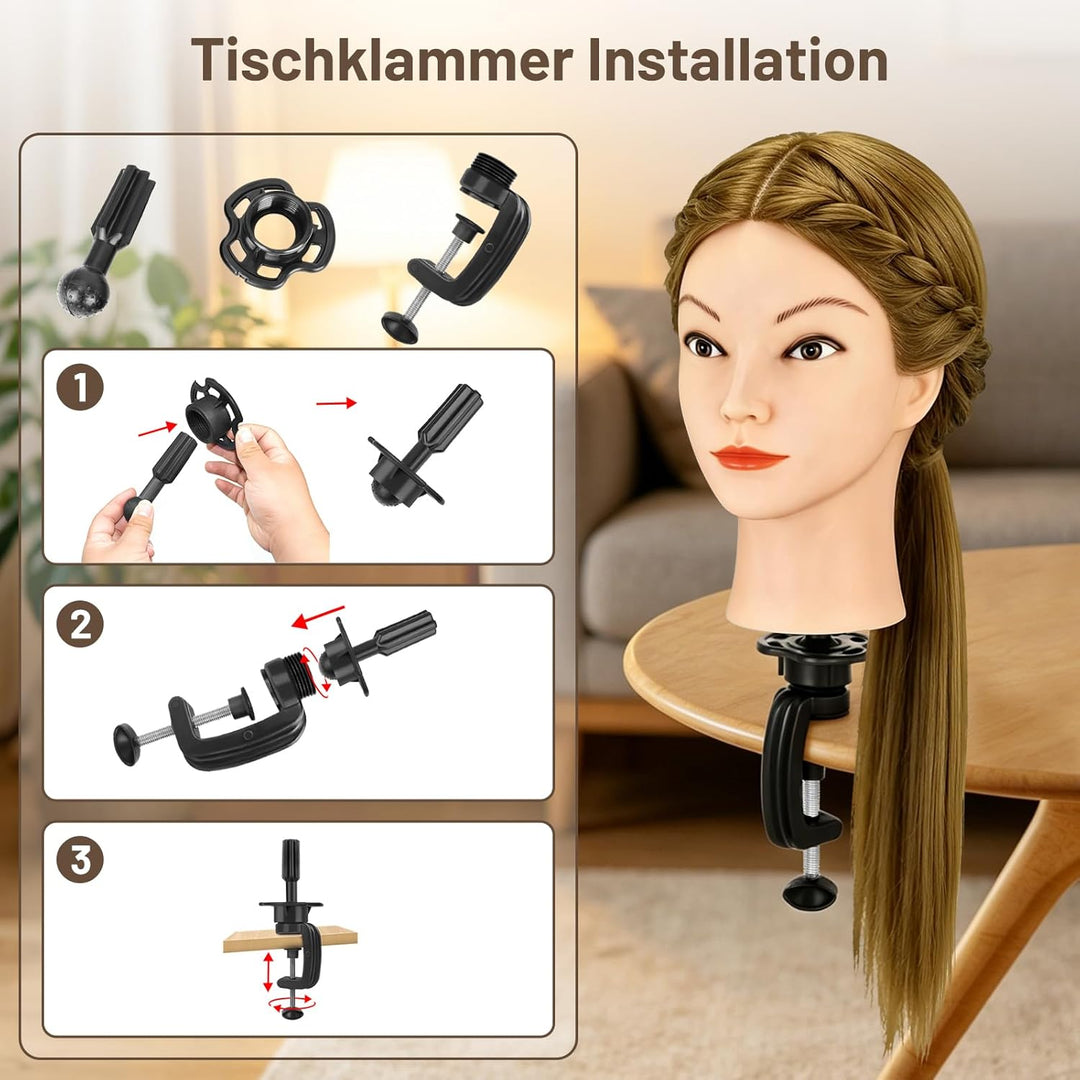 TwoWin Übungspuppe mit braunem Kopf, Echthaar, zum Flechten von Make-up, inklusive Klemmhalter, Brau