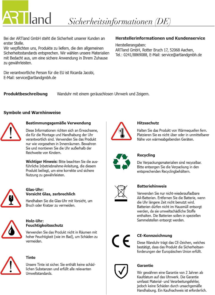 ARTLAND Wanduhr ohne Tickgeräusche Glas Quarzuhr Ø 30 cm Rund Lautlos Weltkarte Weltkarte Quarzuhr,