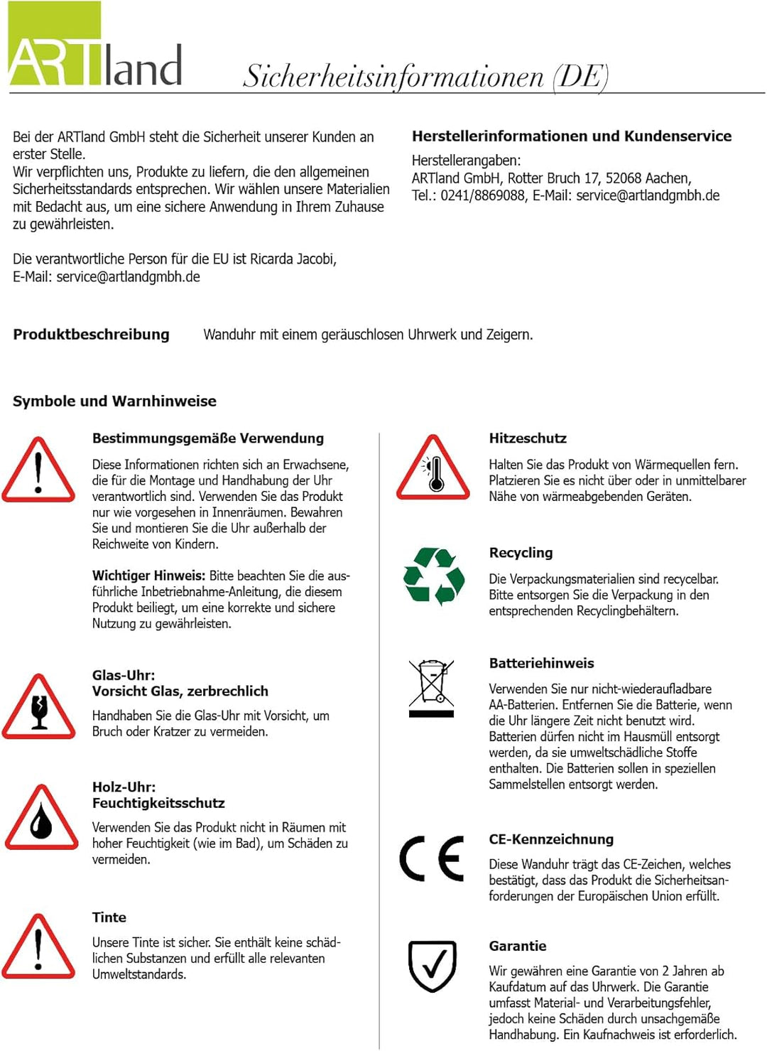ARTLAND Wanduhr ohne Tickgeräusche Glas Funkuhr Ø 30 cm Rund Lautlos italienisches Essen mediterran