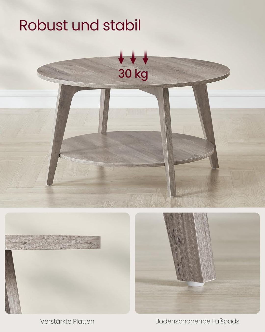 VASAGLE Couchtisch rund, Wohnzimmertisch 2 Ebenen, Kaffeetisch für Wohnzimmer, 80 cm d, 45 cm H, ein