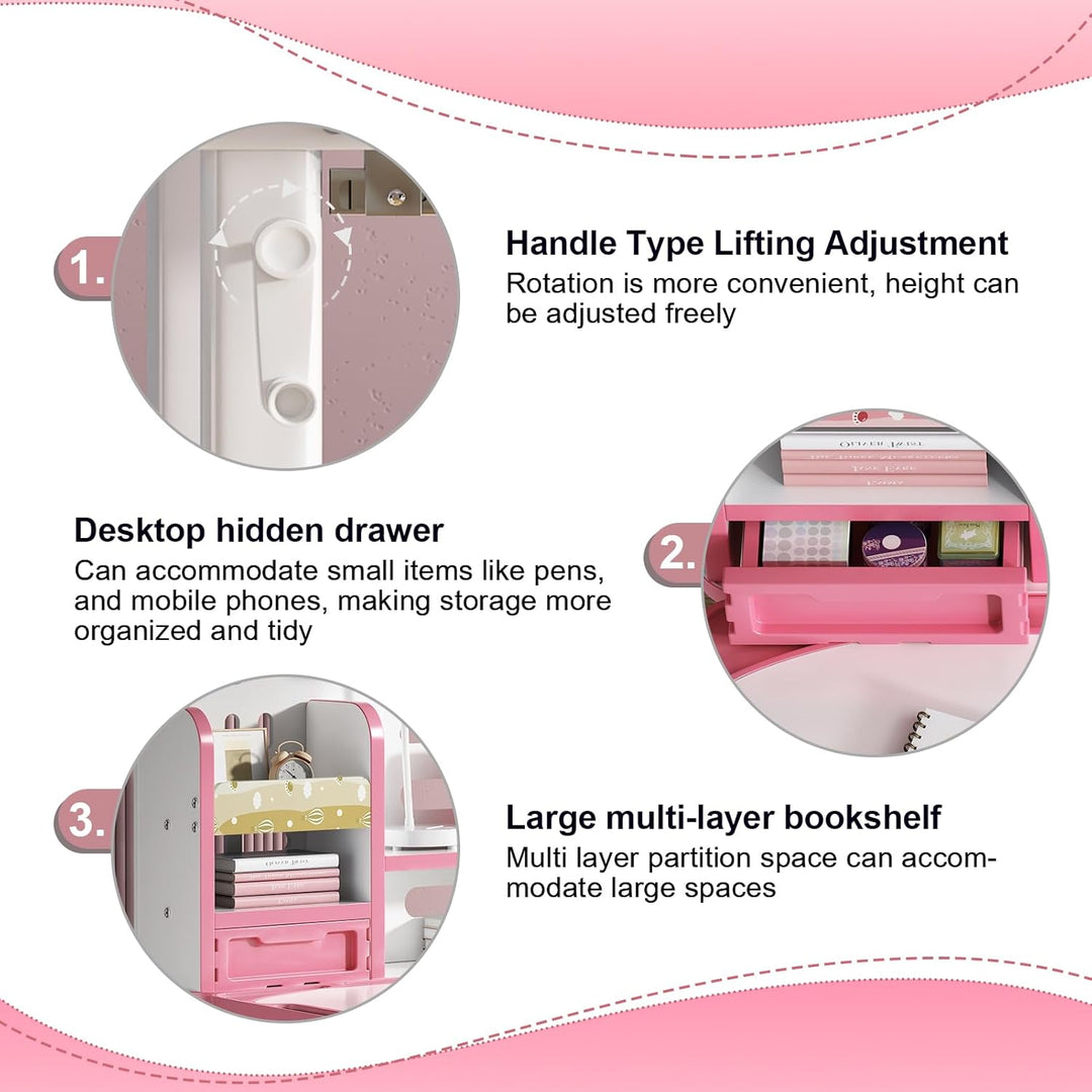 Kinder-Schreibtisch- und Stuhl-Set, höhenverstellbarer Arbeitstisch mit 50 Grad neigbarem Schreibtis