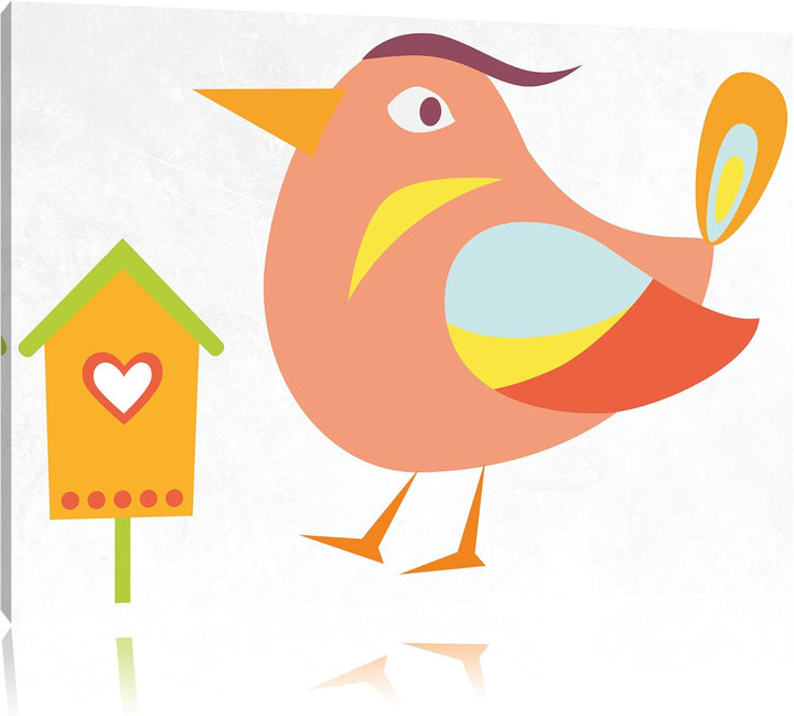 Pixxprint Niedlicher Vogel mit Vogelhäuschen weiss, Format: 100x70 auf Leinwand, riesige Bilder fert