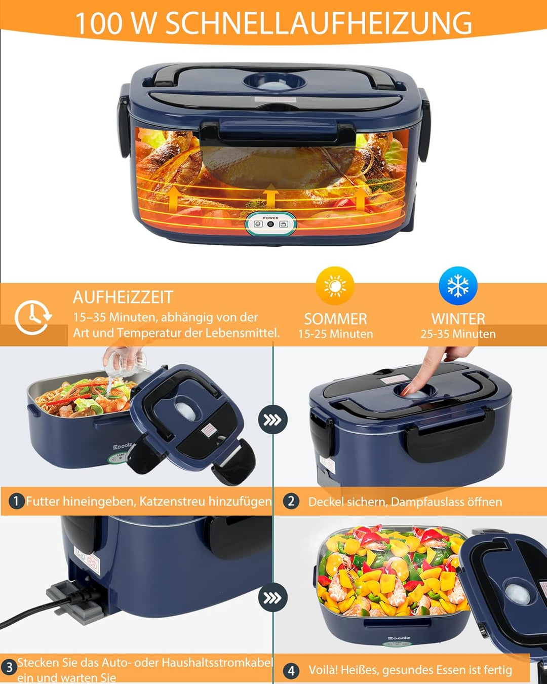 Eocolz Elektrische Lunchbox mit Speisenwärmer 80-100W, tragbarer 1,5L-Behälter mit zwei Behältern fü