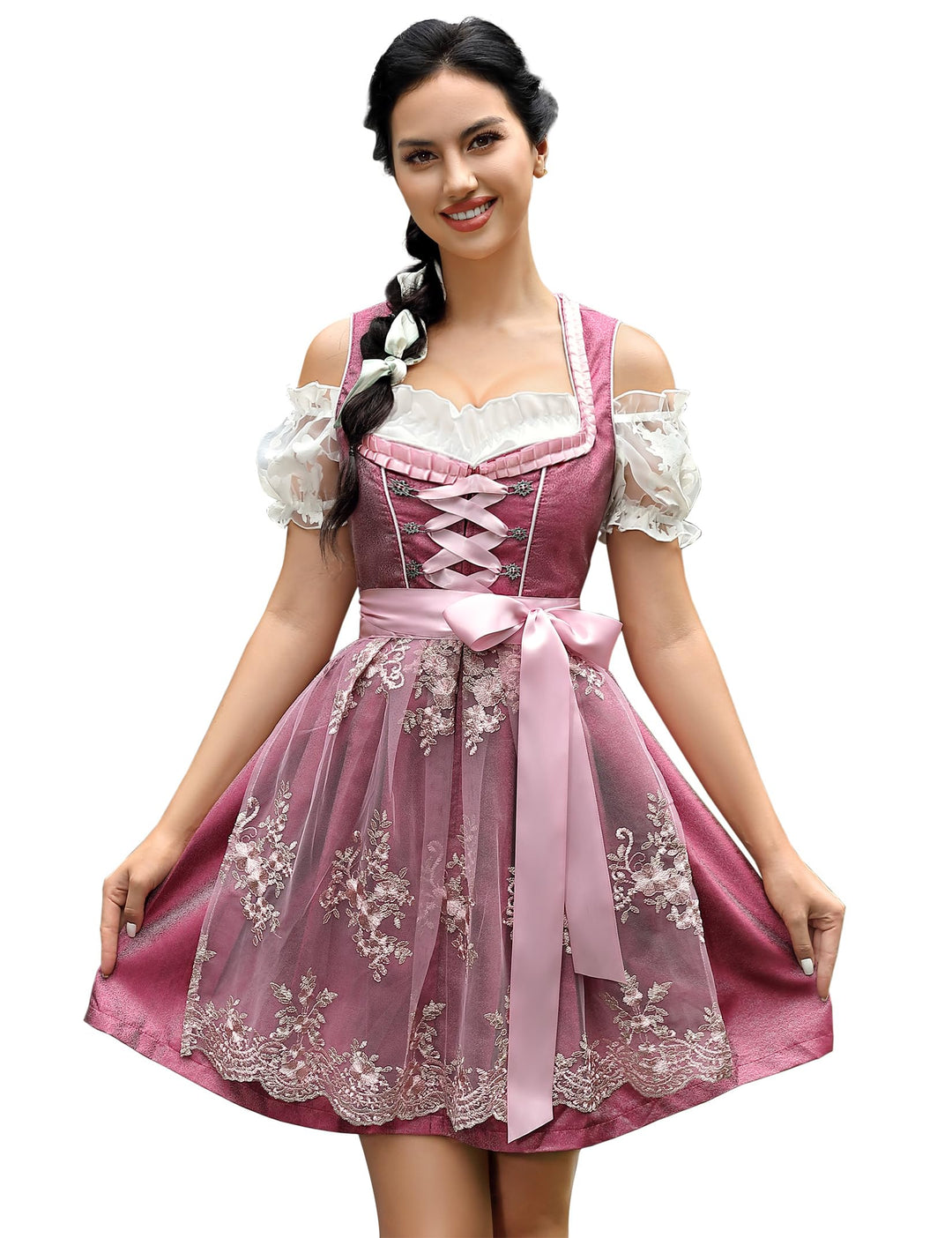 KOJOOIN Trachtenkleid Damen Dirndl Kurz Midi 3tlg. für Oktoberfest-Drei Teilig: Kleid, Bluse, Schürz
