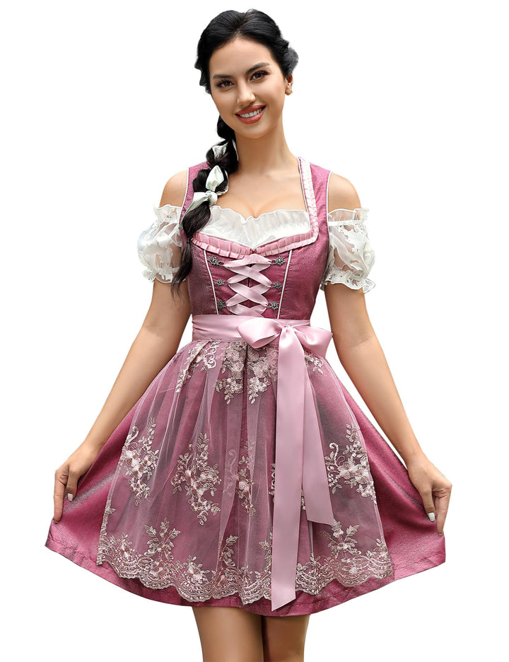 KOJOOIN Trachtenkleid Damen Dirndl Kurz Midi 3tlg. für Oktoberfest-Drei Teilig: Kleid, Bluse, Schürz