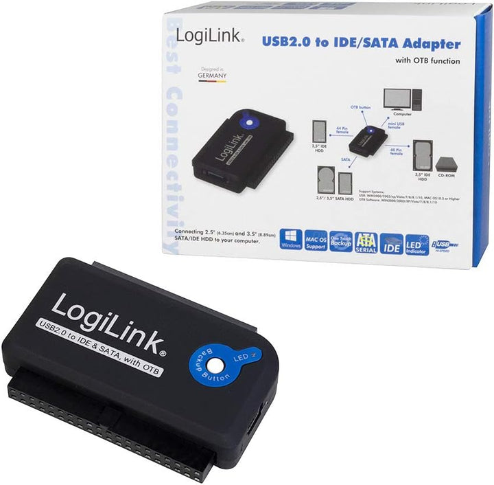 LogiLink AU0006D IDE/SATA Adapter (USB 2.0 auf 6,4 cm (2,5 Zoll)/8,9 cm (3,5 Zoll), 1,2m) Single, Si