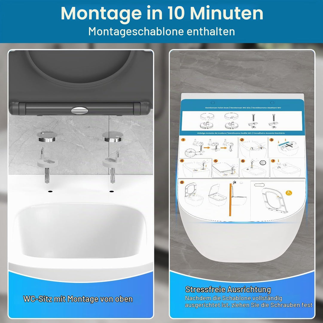 WC Sitz Eckig Form, Toilettendeckel mit Absenkautomatik, Klobrille Duroplast mit Schnellverschluss,