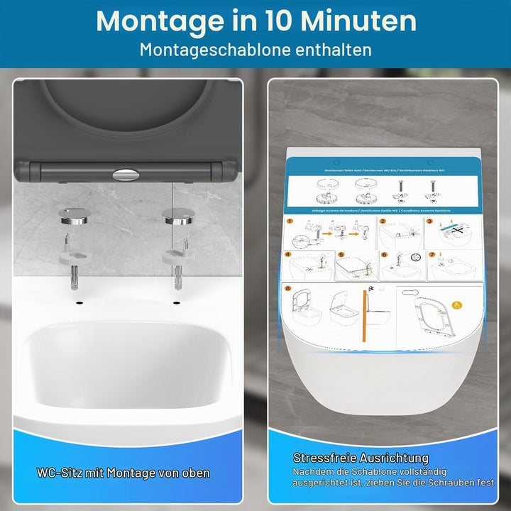 WC Sitz Eckig Form, Toilettendeckel mit Absenkautomatik, Klobrille Duroplast mit Schnellverschluss,