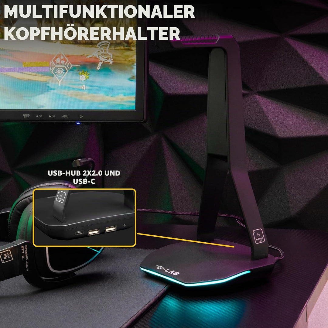 The G-Lab – K-Stand Hydrogen – Gaming Kopfhörer Ständer – RGB mit 7 Farben, EIN/Aus-Schalter, 2X USB