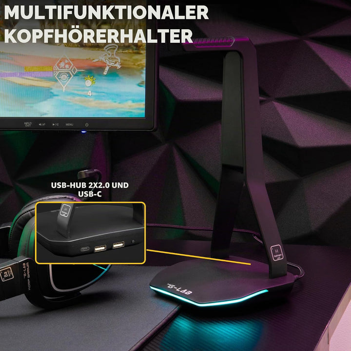 The G-Lab – K-Stand Hydrogen – Gaming Kopfhörer Ständer – RGB mit 7 Farben, EIN/Aus-Schalter, 2X USB