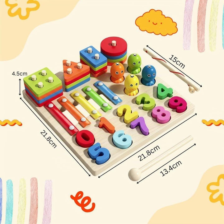Vier in eins Holzspielzeug für Kinder, Zahlenspiel, Musikspielzeug, Farblerntafel, Fähigkeiten Entwi
