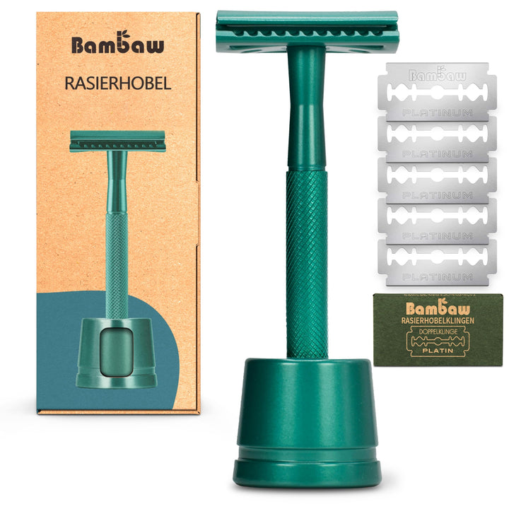 Bambaw Metall Rasierer mit Rasierhobel Halter | Nassrasierer Herren und Damen mit 5 Rasierklingen |