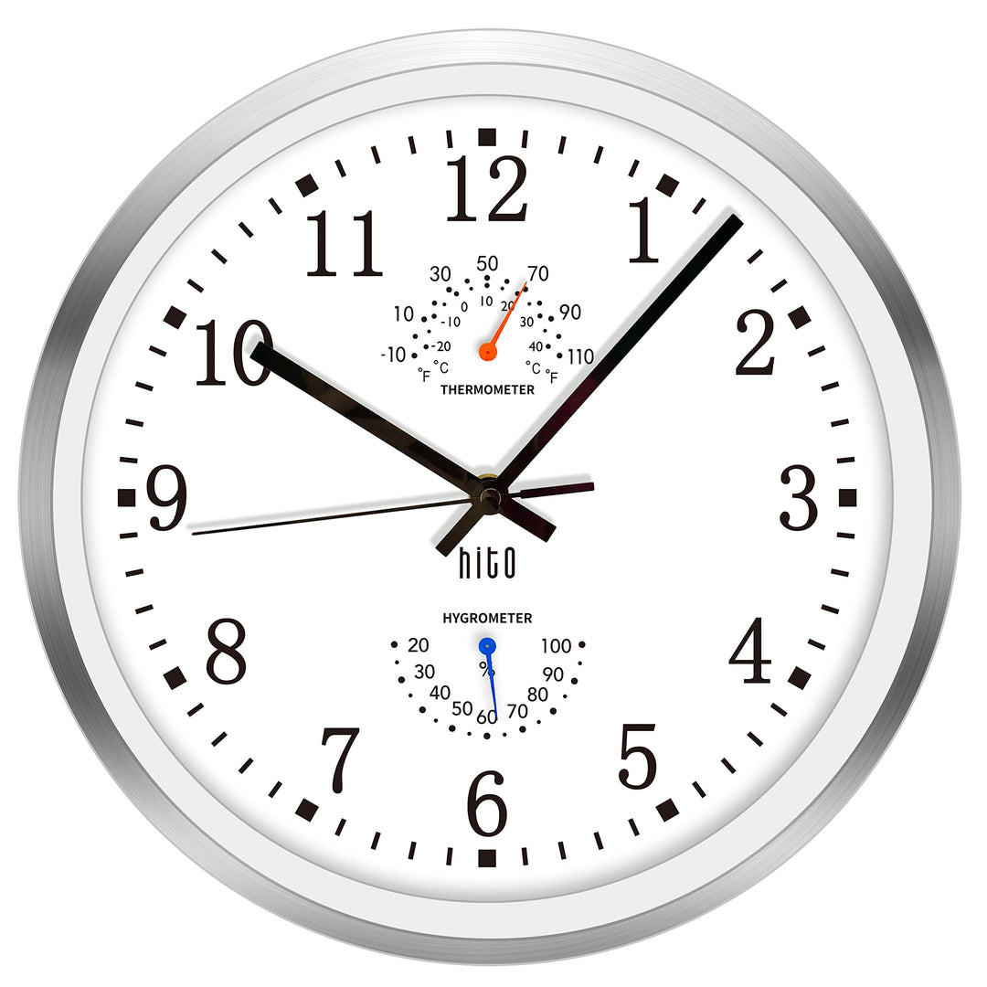 HITO 30,5 cm lautlose Wanduhr, batteriebetrieben, kein Ticken, Sweep-Uhrwerk, Glasabdeckung, silberf
