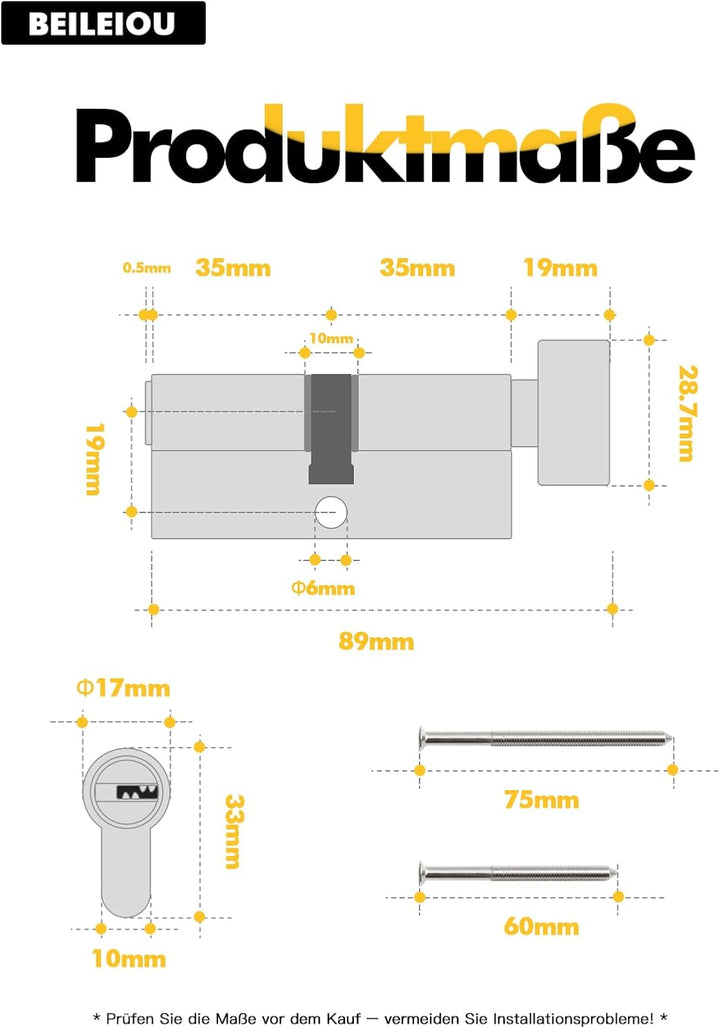 Schliesszylinder, Profilzylinder 70mm(35T/35),Schlüssel zylinderschloss mit 8 horizontalen Schlüssel