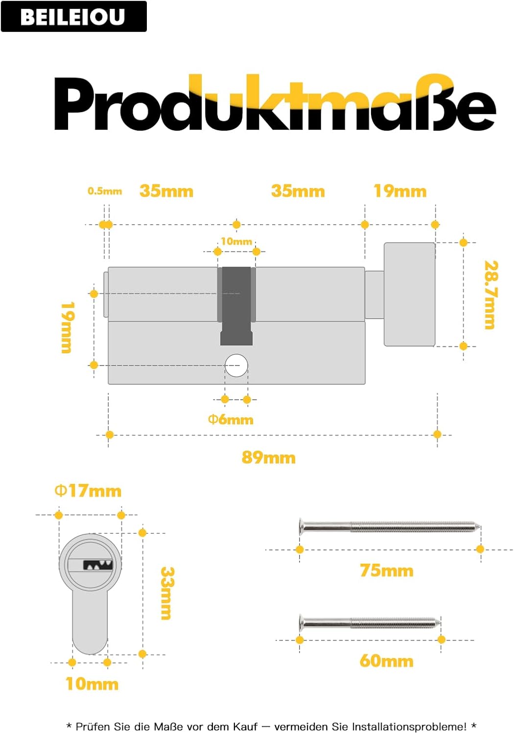 Schliesszylinder, Profilzylinder 70mm(35T/35),Schlüssel zylinderschloss mit 8 horizontalen Schlüssel