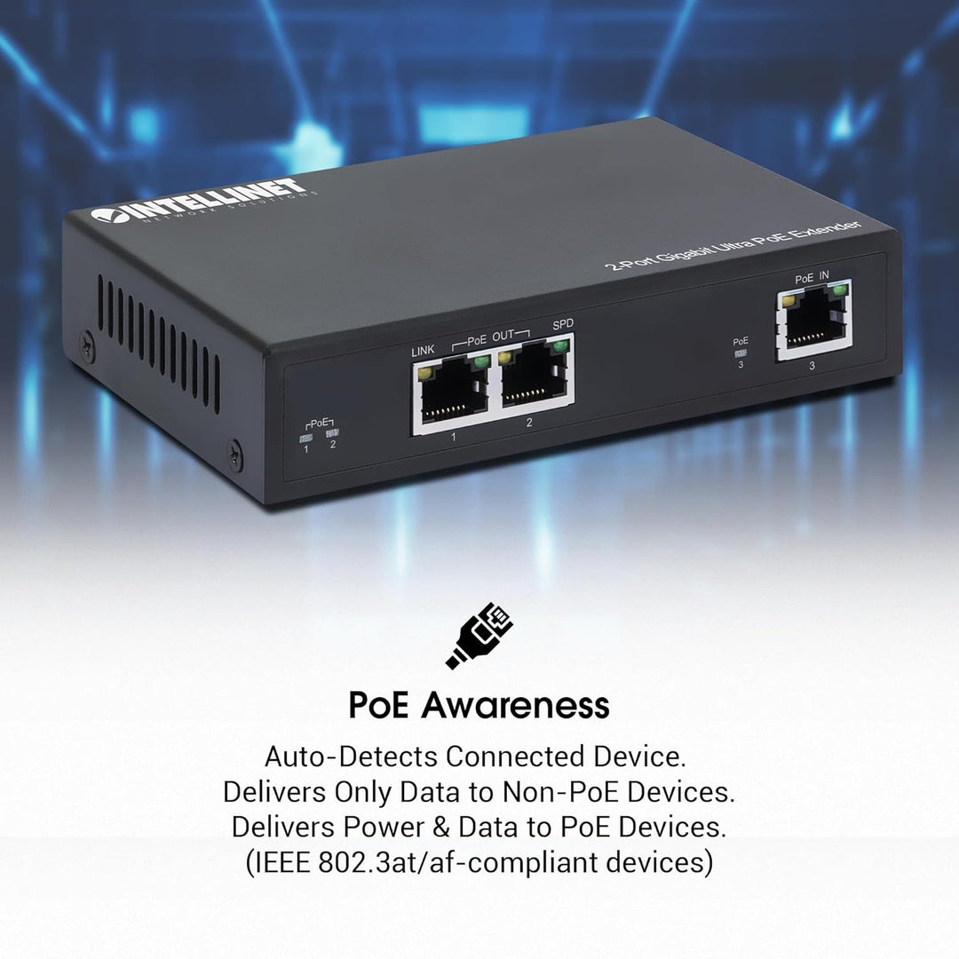 INTELLINET 2-Port Gigabit Ultra PoE-Extender 60W um 100m, Schwarz