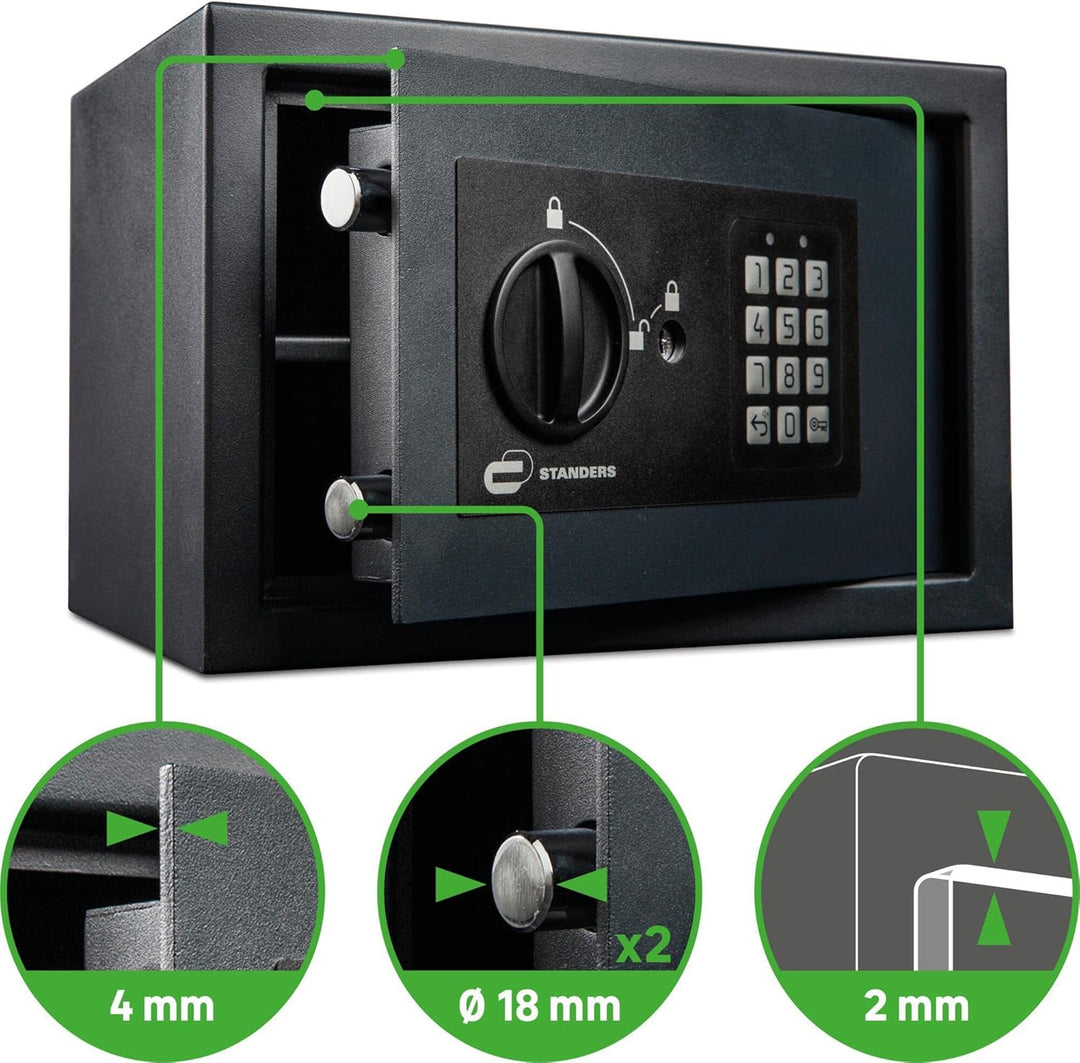 STANDERS - Elektronischer Safe - 9L - 20 x 31 x 20 cm - Wandtresor - Code-Safe - 2 Sicherheitsschlüs