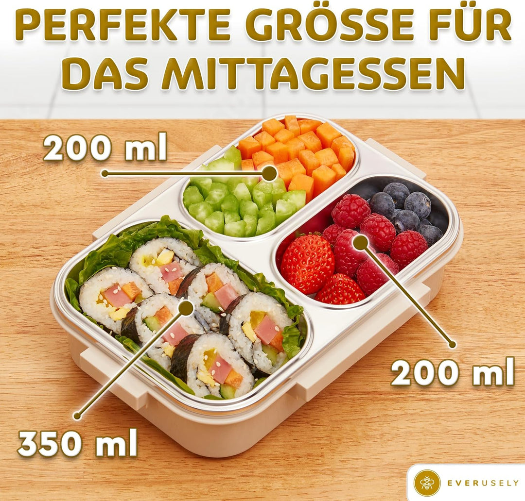 Everusely Edelstahl-Bento-Box/Brotdose – 750 ml – Auslaufsichere Lunchbox aus Metall mit 3 Fäche