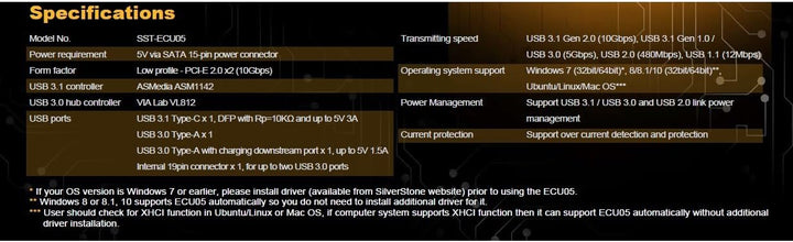 SilverStone SST-ECU05 - PCI-E Erweiterungskarte, 1x extern USB 3.1 Typ C, 2x USB 3.0 Typ A, 1x inter