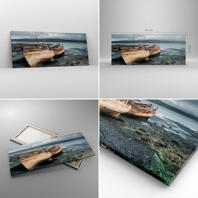 Wandbilder Dekoration Wohnzimmer Boot Wrack Ufer Panorama Bilder auf Leinwand 120x50cm Leinwandbild