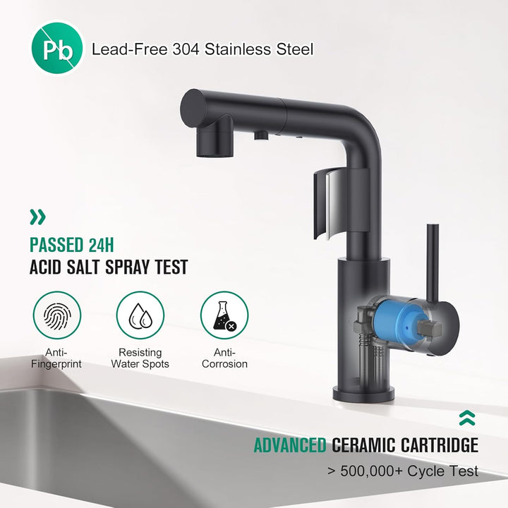 CREA Wasserhahn Küche mit 3 Funktionen Brause, Schwarz Küchenarmatur mit Ausziehbarem Brause, 360° D