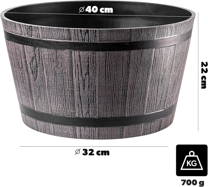 KADAX Pflanztopf im Holzfass-Design, ø 40cm, aus wetterfestem Kunststoff, für Garten, Terrasse & Bal