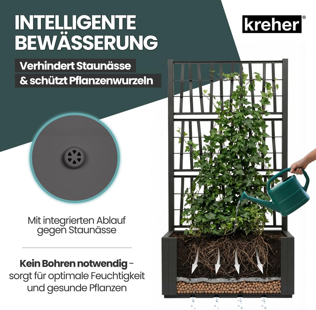 Kreher® XL Rankgitter, Spalier mit Pflanzkasten aus robustem Kunststoff. Masse BxTxH in cm: 80 x 36