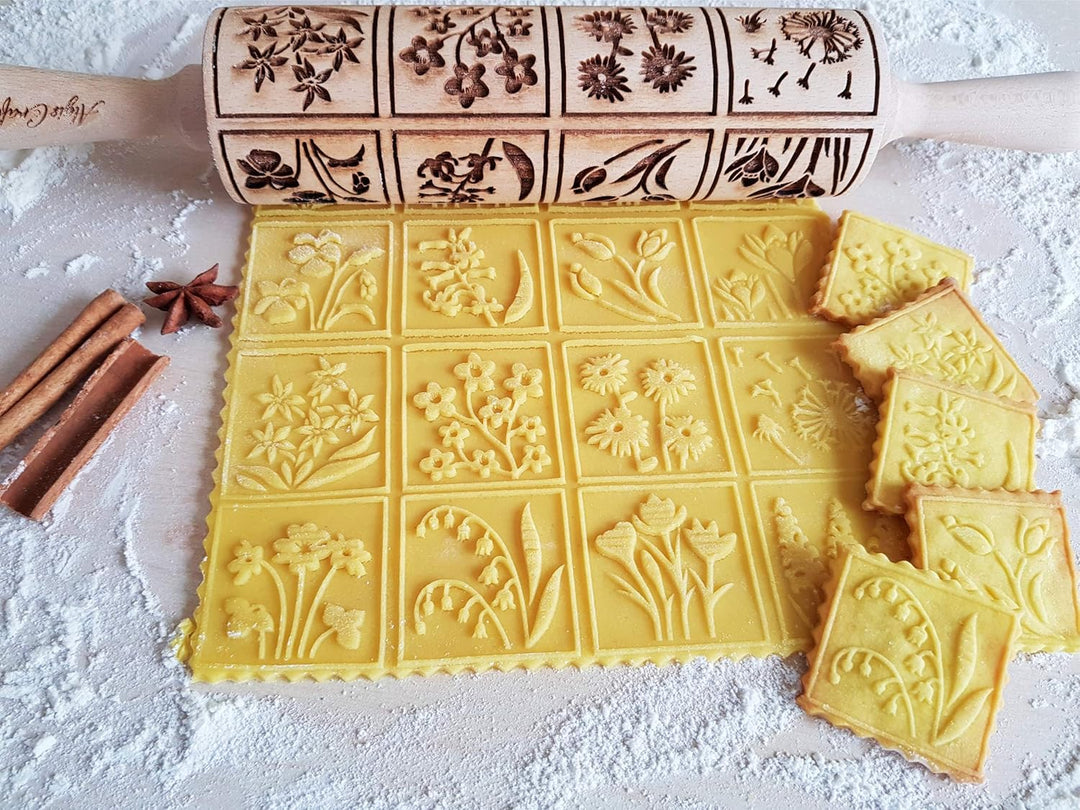 FRÜHLINGSBLUMEN Nudelholz mit Muster - Teigroller Holz Frühling Blumen für DIY hausgemacht Plätzchen