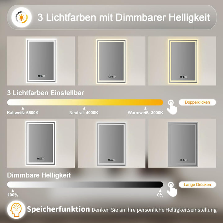 BD-Baode Badspiegel mit Beleuchtung, 50x70cm Badezimmerspiegel Rechteckiger mit Touch Schalter und U