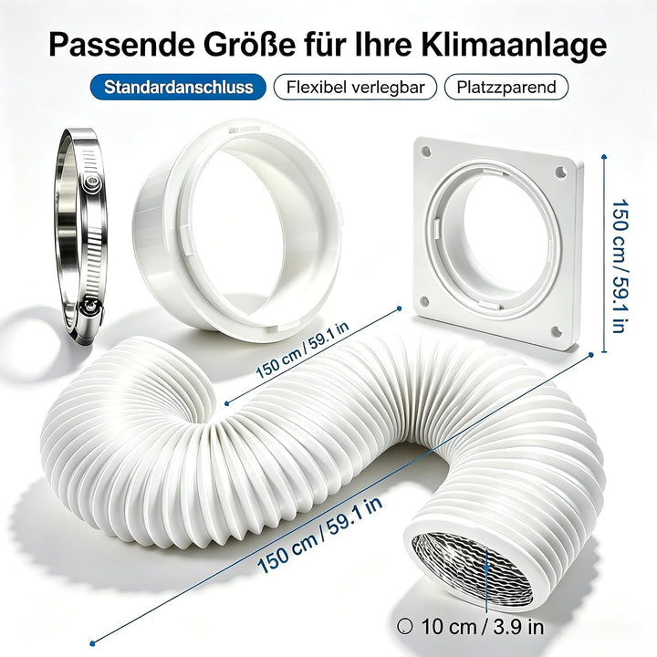 Klimagerät Abluftschlauch Set 4 Zoll 150cm | Wandanschlussplatte, Wandmontage, PVC-Alu Flexschlauch,