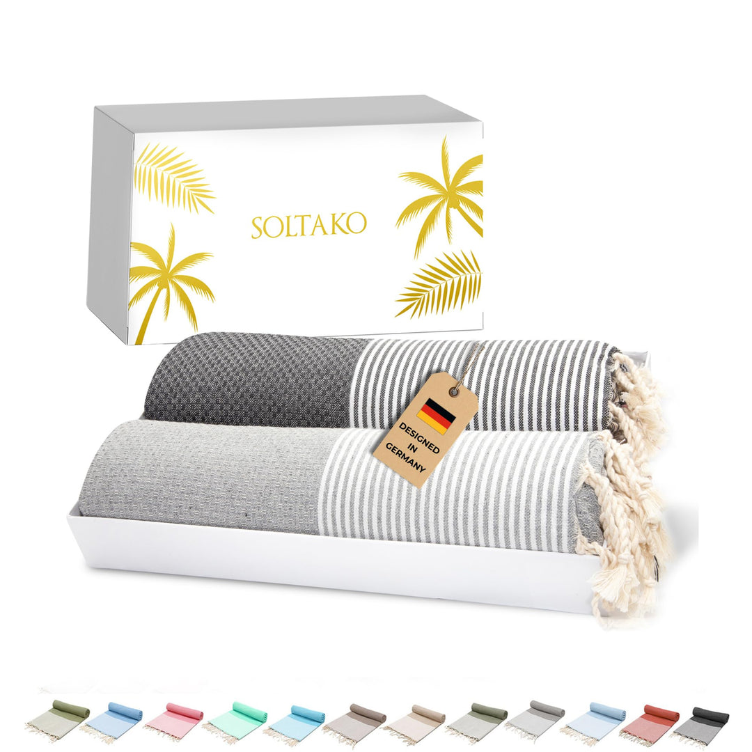 SOLTAKO Fouta Santorini Premium, 2er Set, Anthrazit/Grau, 100/200cm Anthrazit-pastellgrau 2, Anthraz