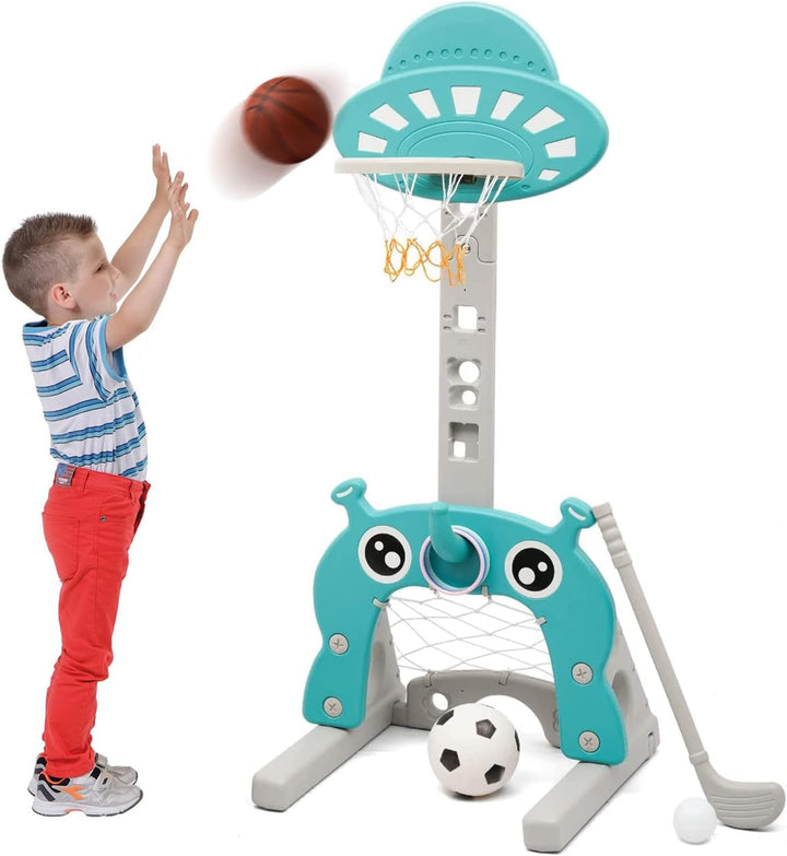 Kinder Basketballkorb Stand Set mit Basketball Fussball Ring Werfen Golfspiel | 4 in1 Sport-Aktivitä