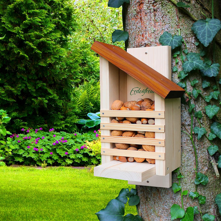 ERDENFREUND® Eichhörnchen Futterhaus ohne scharfes Glas & Genickbruch-Klappe 100% sicher wetterfest