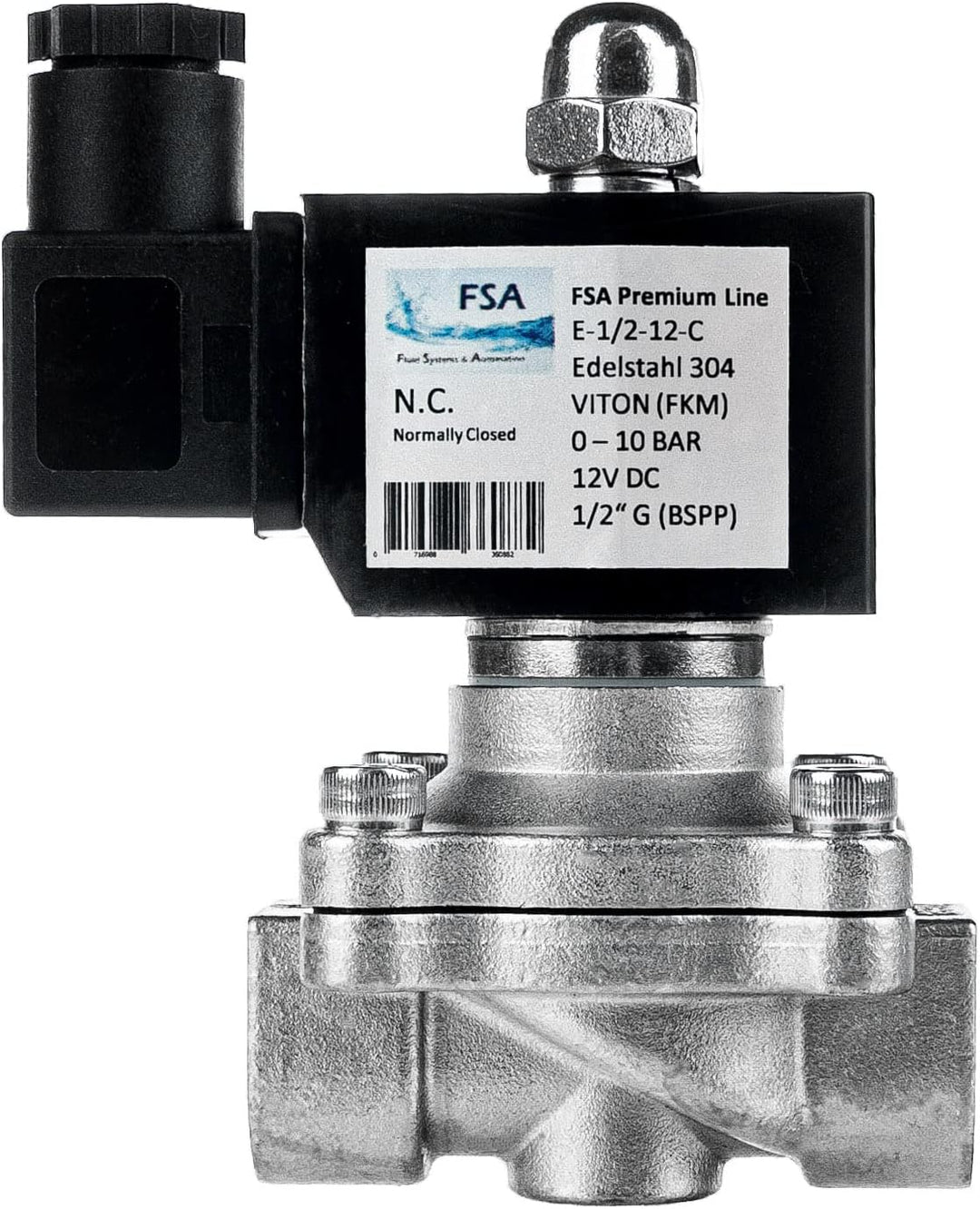 FSA Magnetventil Edelstahl 304 1/2" 12V DC 0-10 bar Viton stromlos geschlossen, 1/2" 12v DC