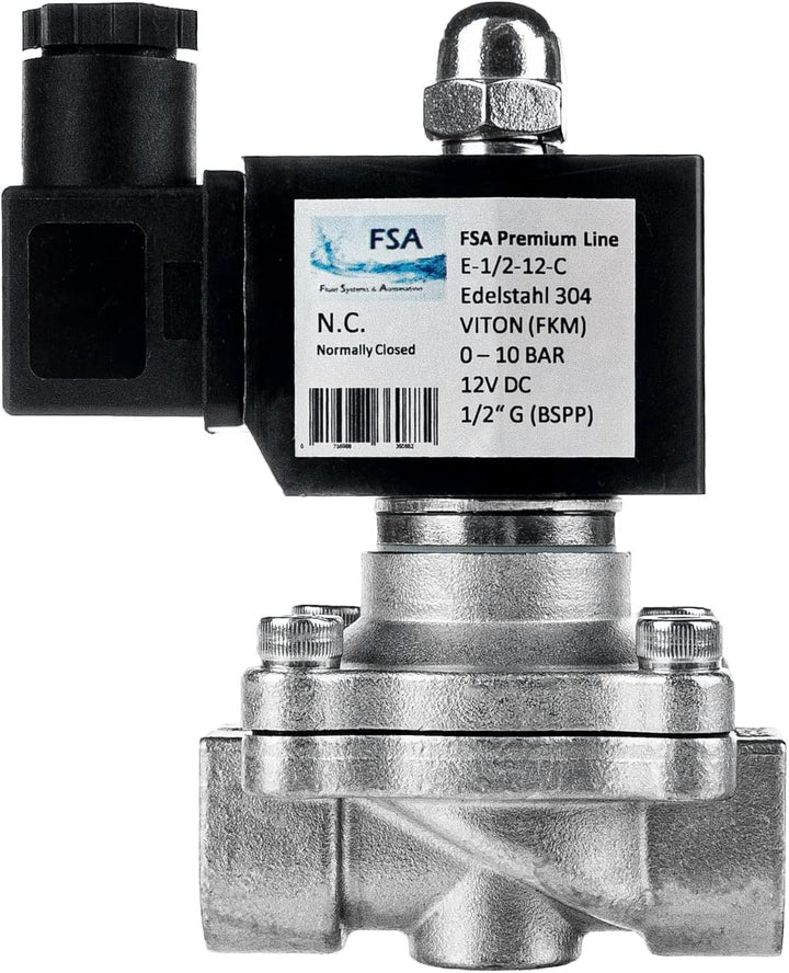 FSA Magnetventil Edelstahl 304 1/2" 12V DC 0-10 bar Viton stromlos geschlossen, 1/2" 12v DC