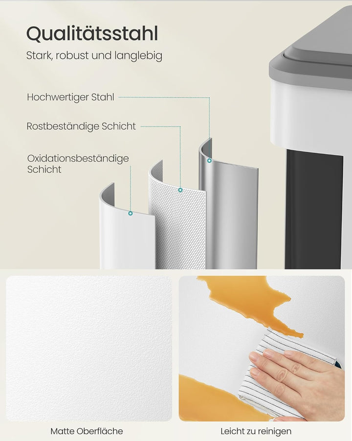 SONGMICS Mülleimer Küche, Mülltrennsystem 2 x 15 L, 2 Fächer für Recycling und Restmüll, Abfalleimer