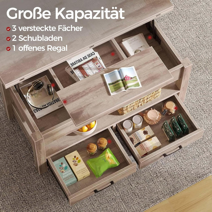 Rolanstar Höhenverstellbarer Couchtisch mit 2 Schubladen, 100 x 50 cm Wohnzimmertisch aus Holz,Platz