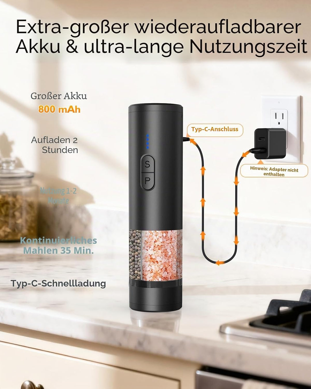 AMOSA Salz und Pfeffermühle Elektrisch, 2-in-1 Doppelbehälter USB Aufladbar, Nachfüllbar Automatisch